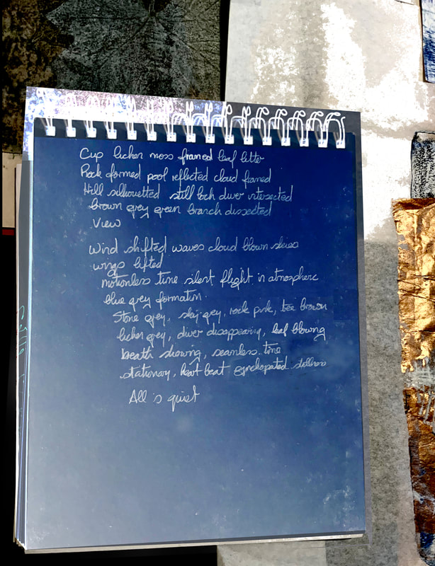 Image shows a sketchbook with handwritten poem by Ann Paterson,
2022.
"Cup lichen, moss framed leaf litter.
Rock formed pool reflected cloud framed.  
Hill silhouetted, still loch diver intersected. 
Brown grey green branch dissected
view.

Wind shifted waves, cloud blown skies, wings lifted.
Motionless time, silent flight in atmospheric blue grey formation.
Stone grey, sky grey, rock pink, tree brown, lichen grey diver disappearing, leaf blowing, heath showing, seamless time
stationary, heart beat syncopated stillness.
All is quiet."