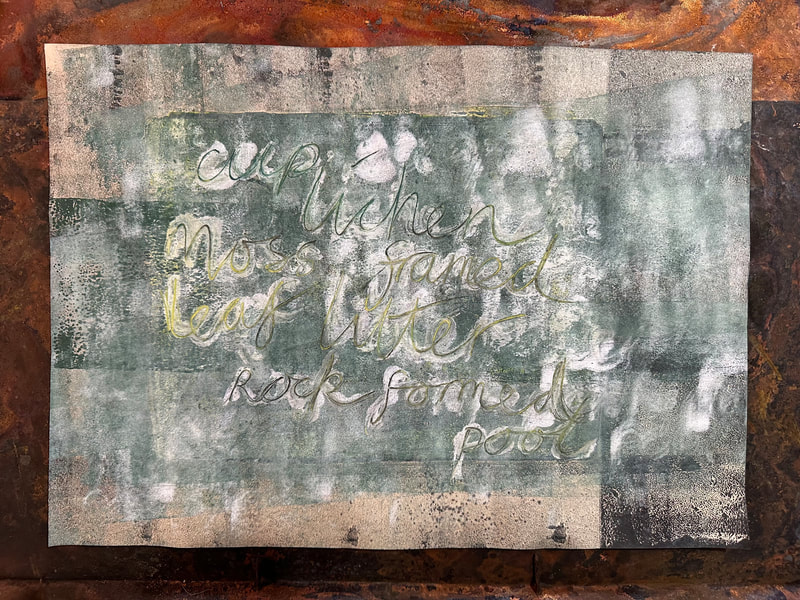 Image shows artwork in mixed media hand lettering and poem on paper, a collaboration by Ann Paterson and Alison Durbin, the lettering says
"Cup, lichen, moss framed leaf littler rock formed pool", dated
2022.

