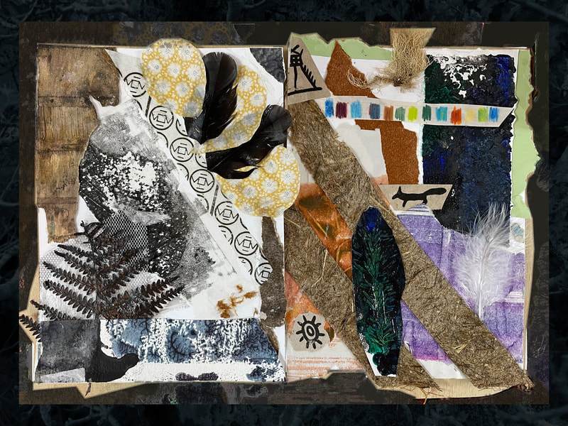 Image of an untitled collage by Jenna Durbin, dated 2022,  layering paper, cloth, plant fibres, feathers and ink, with images and textures of nature and an autumnal colour palette.