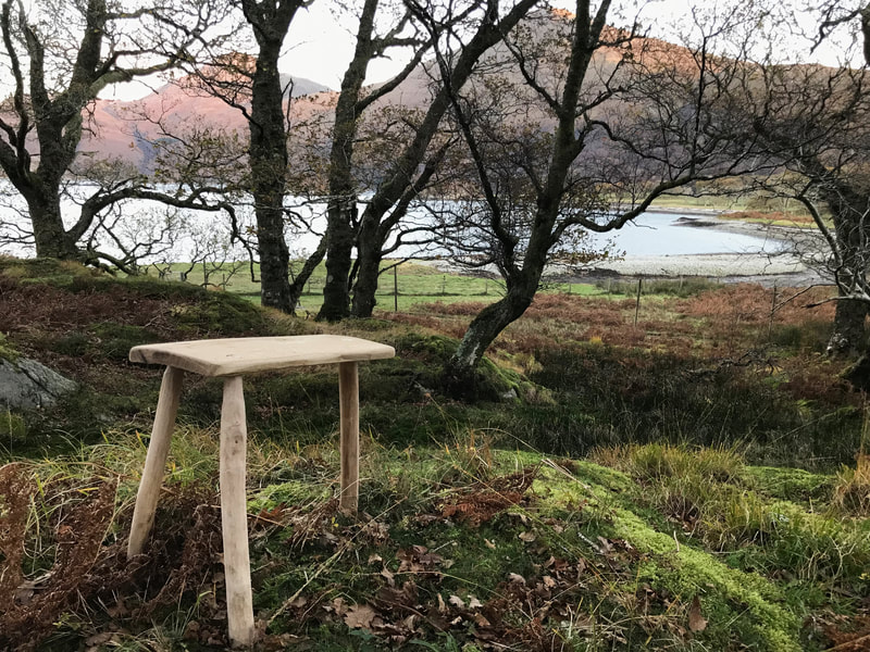 photograph showing hand-carved wooden stool by Leon Durbin, standing in woodland with loch and mountains behind, captioned "Oak three-legged stool, in the oak wood of its origin." dated
2022